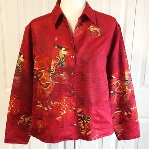 Vintage Chico's Red Asian Design Button Down Shirt Jacket Medium